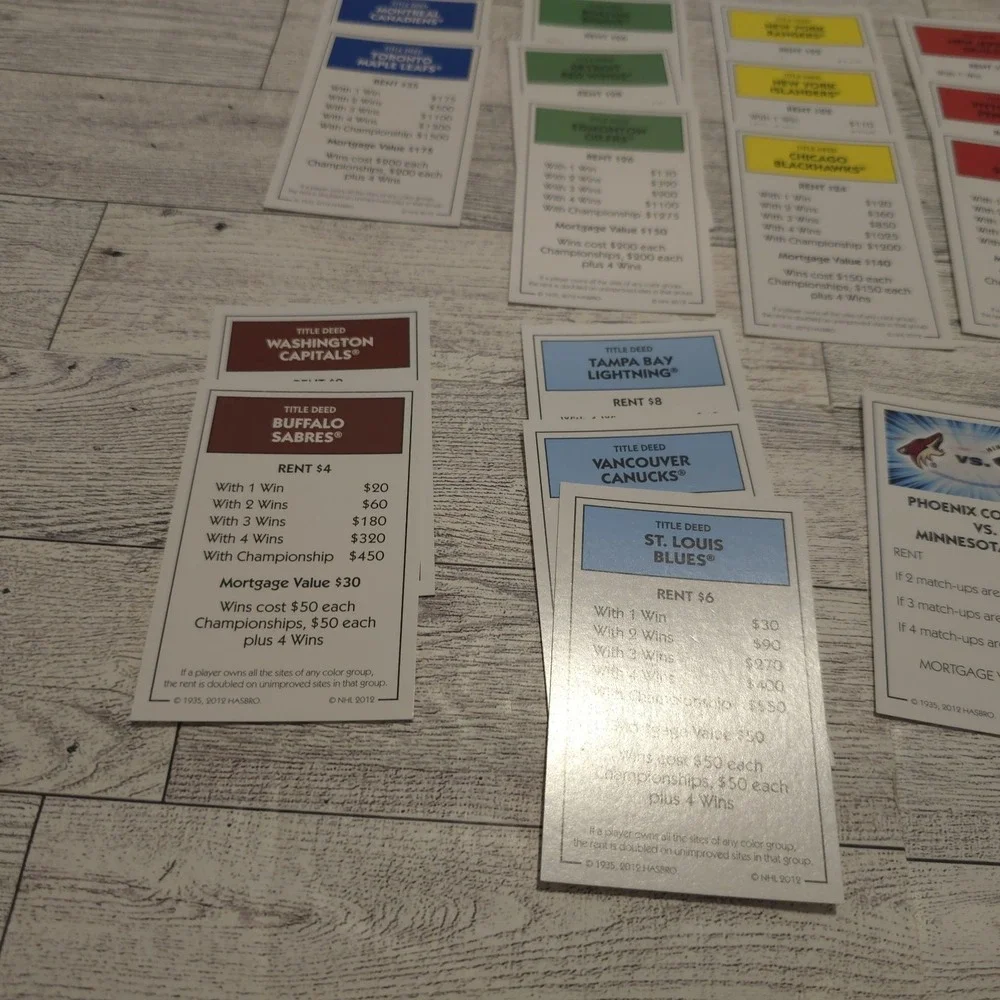 Monopoly NHL Replacement Pieces Money Title‎ Deeds Houses Hotels *NO TOKENS*